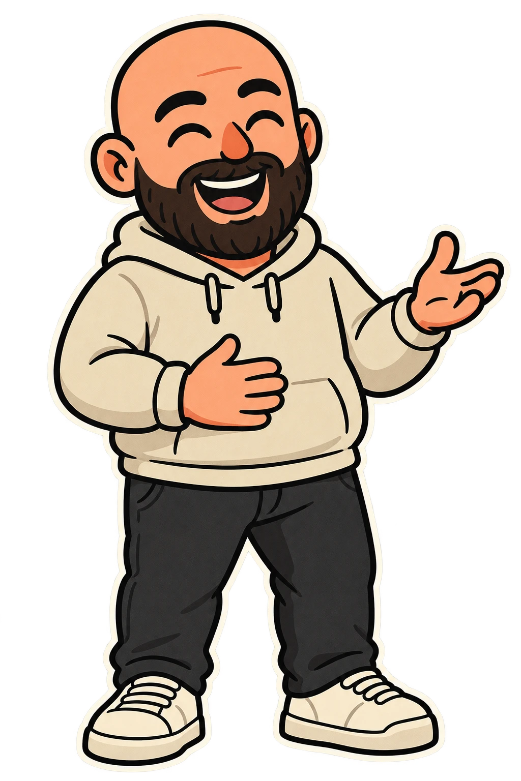 Cartoon of Alan laughing and gesturing with an open hand